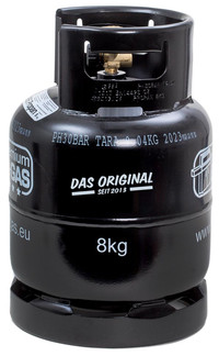 Schwarze 8kg Premium BBQ-GAS Flasche - Ansicht von der Seite