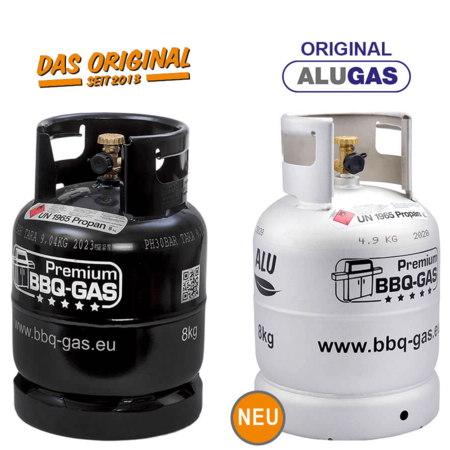 BBQ-GAS Flaschen, links die schwarze 8kg Stahlflasche und rechts die neue Aluflasche.